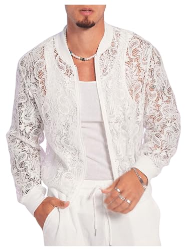 Image of WDIRARA Men's Floral Lace Bomber Jackets Long Sleeve See Through Outerwear | Zip Up Coats, Sexy, Sheer, Party, Concert Outfit