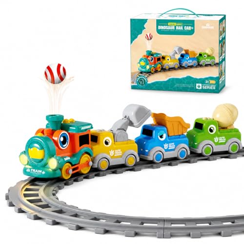 Toy Train Set with Track | Dinosaur Rail Car & Construction Vehicles | Light & Music Effect with Floating Ball Feature | Educational Toys for Toddlers & Kids | Birthday Gifts for Boys and Girls