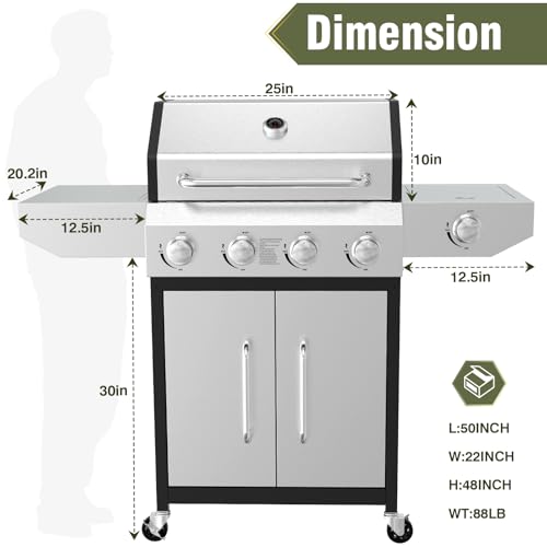 Image of BESTFIRE 60,000 BTU 4+1 Burner Propane Gas Grill - 647 sq. inches Stainless Steel Outdoor BBQ with Porcelain-Enameled Cast Iron Grates, Side Burner & Storage Cabinet for Patio and Backyard Cooking