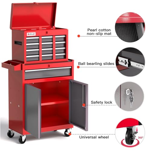 Tool Chest 7-Drawer | 40\'\' H Rolling Tool Chest with Wheels | Detachable Top Metal Tool Box | Garage Storage Cabinet for Repair Room,Warehouse | Rolling Tool Box with Hooks,Liners,Tray Divider | Red - Thumbnail 3