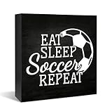 XDFVL Soccer Decor Sign, Eat Sleep Soccer Repeat, Soccer Decor for Boys Room, Wooden Box Table Sign, Soccer Bedroom Decor, Soccer Birthday Party Decorations 5 x 5 Inch