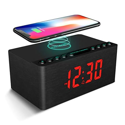 ANJANK Wooden Digital Alarm Clock FM Radio,Fast Wireless Charger Station for iPhone/Samsung,Dimmable LED Display,USB Charging Port,Sleep Timer,Wood Modern Clock for Bedroom Bedside(Black)