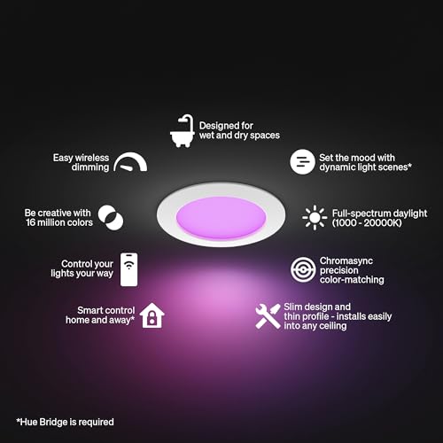 Image of Philips Hue Slim Downlight, Recessed LED Ceiling Light 1-Pack, 1200 lm, 6-inch, Canless Design, Full-Spectrum Daylight 1000K-20000K, Ultra-Low Dimming, Precise Color, Smart Lighting, White