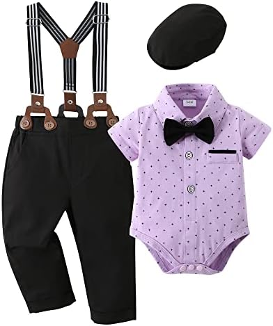 DISAUR Baby Boy Clothes Suits, Gentleman 4PCS Outfit Dress Romper + Beret Hat + Suspender Pants + Bow Tie Wedding Set 3-24 Month(Purple,6-9 months)