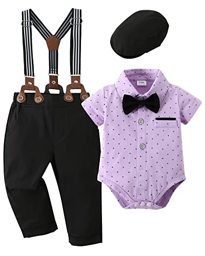 Disaur Baby Boy Clothes Suits, Gentleman 4Pcs Outfit Dress Romper + Beret Hat + Suspender Pants + Bow Tie Wedding Set 3-24 Month(Purple,6-9 Months) #TOP6