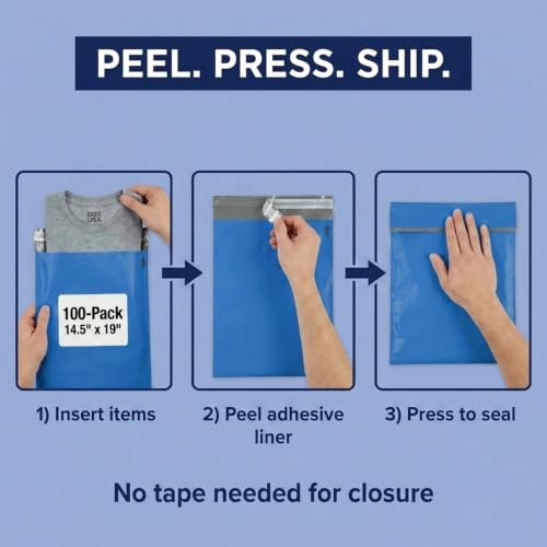 Image of BOX USA Shipping Bags 10 x 13 (100-Pack) Blue - Heavy Duty Self-Adhesive Envelope Poly Mailers for Packing