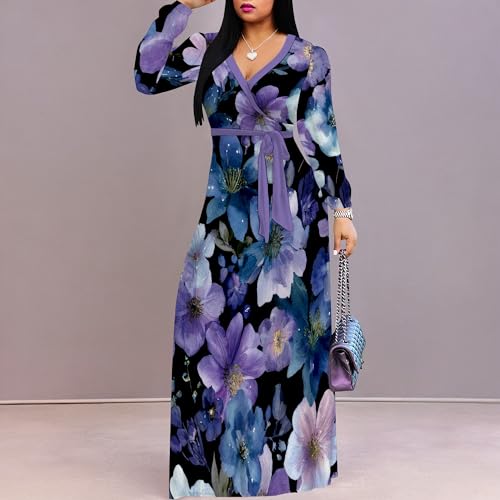 Image of PinkPatty Women's Print Maxi Dresses 3 /4 Sleeve Flowy Long Dress V Neck Wrap Tie Waist Sundress