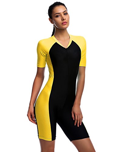 One Piece Swimsuit for Lady Belloo Short-sleeve Surfing Suit Sun Protection, Yellow, Small