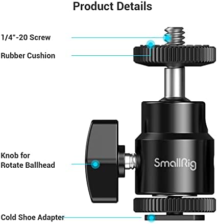 SMALLRIG Mini Ball Head 360°Swivel, Ballhead Mount with Maximum Load 3kg/6.6lbs with Removable 1/4" Hot Shoe Adapter for DSLR Monopod Light Stand - 761