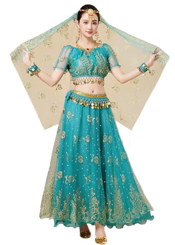 ORIDOOR Women's Belly Dance Crop Sequin top Chiffon Dress Halloween Dress 5 Pieces 04 Peacock blue One Size …