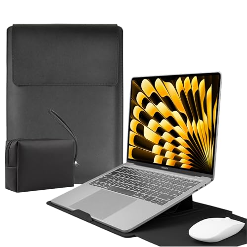 LuFiYa 【3in1】ノートパソコン用スリーブ pcスタンドとマウスパッド付き MacBook Air/MacBook Pro/iPad Air Pro/Surface 12/13/13.3/14/15.6/16インチ Laptop 対応 薄型 PU革パソコンスリーブ ノートPCインナーバッグ 耐衝撃 キズ 防止 撥水加工 電源収納ポーチ付き (15-16インチ | ブラック)