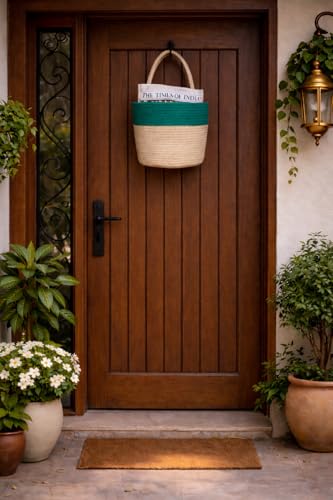 Image of JASMEY HOMES Wall Hanging Jute Basket for Vegetables /Newspaper Storage Box for Home /Milk Basket for Main Door Hanging (Green) - Cotton and Jute Material
