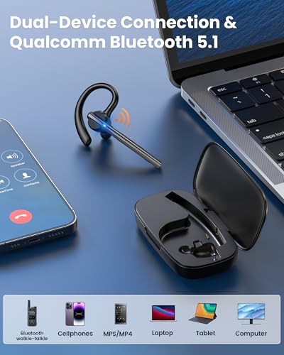 Image of New Bee Bluetooth Headset V5.1 72H Talk Time Dual Mic with Mute Button for Business, Wireless Hand-Free Bluetooth Earpiece with 500mAh Charging Case for Cell Phone Calls Trucker Driver Laptop