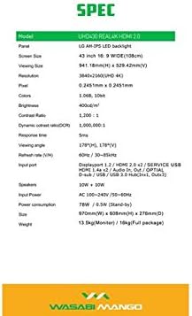 Diagram showing the product size and included accessories for the Wasabi Mango UHD430 monitor.
