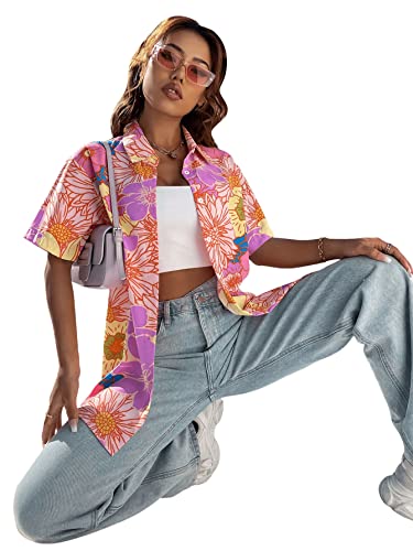Sweatyrocks Women's Short Sleeve Cute Print Button Down Shirt Tops Pink Floral M #TOP3