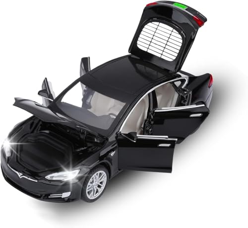 Image of WORSHIPER Tesla Model 66063 1:32 Scale Alloy Diecast Model Metal Pull-Back Car with Sound Light and Opening Doors: A Kids' Toy Vehicle Gift (1:32 Tesla - Black)