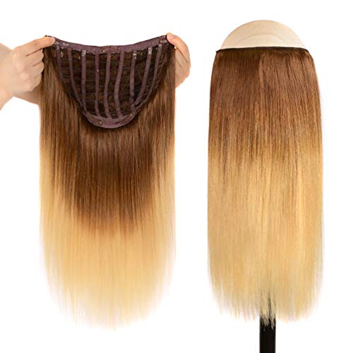 WINSKY 14" Half Wig Real Human Hair Extensions Clip in For Women - Silky Straight Ombre Brown to Blonde Clip on Extension One Piece U-part Short Hair Hairpiece (14inch #8T24, 100g)