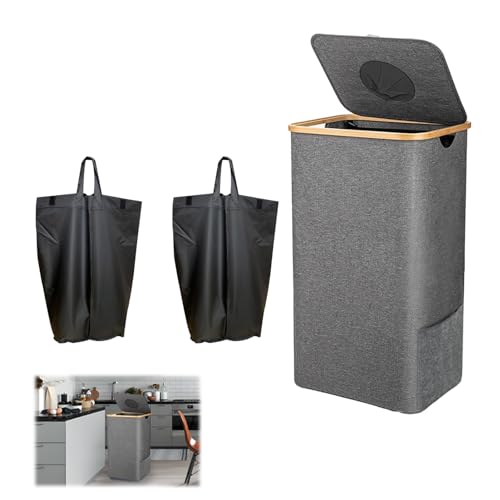 JXAXD Récipient de collecte de bouteilles consignées, 112 l, avec 2 sacs de rangement, collecteur de bouteilles, rangement avec couvercle et trou, pour cuisine et entrepôt, gris