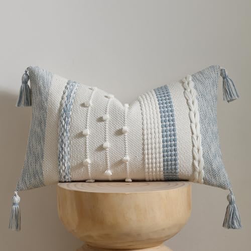 DEZENE Boho Lumbar Pillow Cover 12x20 Coastal Blue - Handmade
