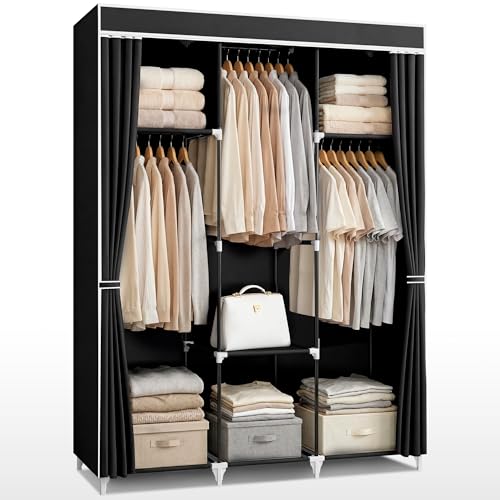 JUPPLIES Armario de Tela Portátil con Estanterías y Bolsillos Laterales 45x127x168 cm – Armario de Dormitorio Plegable y Ligero con Barras para Colgar Ropa – Montaje Fácil sin Herramientas (S)
