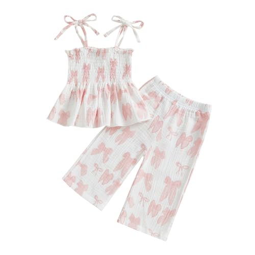JLKGICF Toddler Baby Girl Summer Outfits Bow/Floral Sleeveless Smocked Strap Camisole Tops Cotton Linen Pants Cute Clothes (Bowknot White, 6-9 Months)