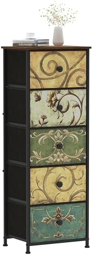 Tohomeor Vintage Tall Skinny Dresser with Retro Flower Fabric Drawers Dresser Chest of Drawers Sofa End Table for Living Room Entryway Bedroom Closet Dresser Storage (5 Drawers)