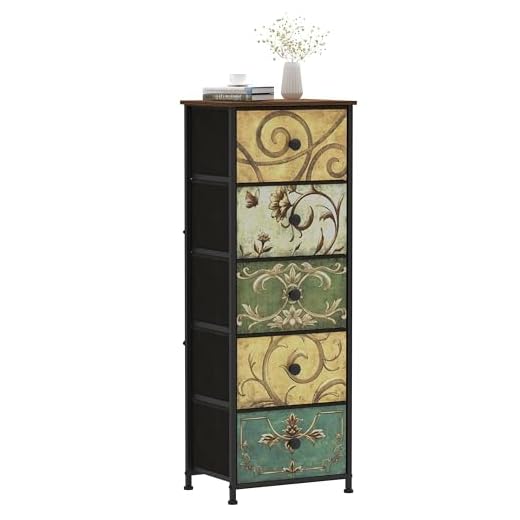 VEDECASA Narrow Tall Chest of Drawers 5 Fabric Drawer Dresser for Bedroom Slim Storage Tower Organizer Unit for Living Room Bedroom Closet Entryway Wood Board Sturdy Metal Frame Easy to Assemble
