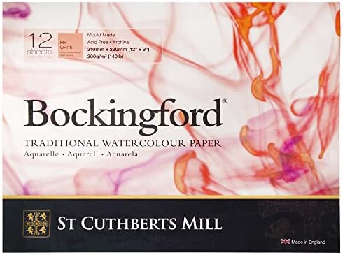 St. Cuthberts Mill Bockingford Watercolor Paper Pad - 12x9-inch White Water Color Paper for Artists - 12 Sheets of 140lb Hot Press Watercolor Paper for Gouache Ink Acrylic Charcoal and More