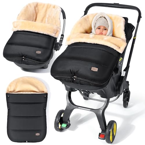 Orzbow Fußsack Babyschale Winter, Einstellbar Babyschale Decke für Baby mit Reißverschluss, Warme Einschlagdecke Babyschale mit Lammfellimitat, Wasserdichter Pongee-Stoff, Elegantes Schwarz