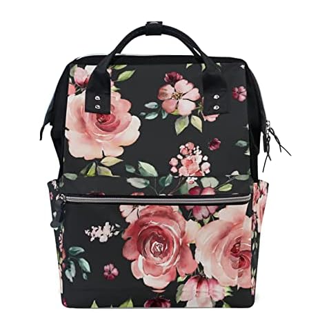 ISAOA Nappy Changing Backpack,Rose Flowers Floral Black Diaper Bags Large Capacity Travel Bag Hospital Maternity Rucksack for Mom and Dad Cover