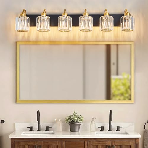 Aixialin Modern Bathroom Vanity Light 6-Lights Black Gold Crystal Wall Light Fixture with Round Shade Over Mirror (Exclude Bulb) — view 2