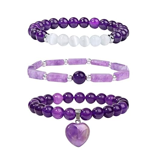 Vinswet Healing Crystal Beaded Bracelets for Women,Natural Amethyst Moonstone Gemstones Bracelet,Anxiety Stress Relief Heart Charm Bracelet Handmade purple Jewelry Gifts for Women (3pcs)