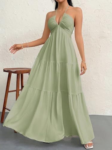 Image of Narecte Women's Maxi Summer Dresses Halter V Neck Beach Dresses for Women A-Line Casual Dress for Vacation