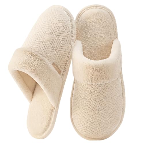 ULTRAIDEAS Women's Cozy Slip-on Slippers Soft Warm Lightweight Bedroom Slippers for Women, Memory Foam Indoor House Shoes (Apricot,Size 9-10)