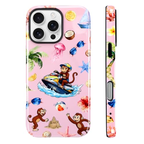 Image of Magnetic for iPhone 16 Pro Max Case [Compatible with Magsafe] Cute Summer Beach Monkeys Pattern Design, Full Body 2 in 1 Shockproof Scratch Resistant Protective Cover for Women Girl