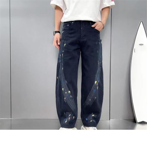 Men's Washed Dyed Hand-Painted Jeans Street Style Loose Straight Wide Leg Hip Hop Mop Trousers2