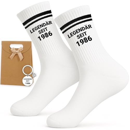 PIujsym Geschenk 40 Geburtstag Mann Set - Legendär Seit 1986 Socken & Schlüsselanhänger & Geschenktaschen Set - Lustige 40 Geburtstag Männer Geschenke - Baumwolle EU 38-45
