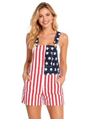 EachWell Womens American Flag Shorts Overalls Denim Patriotic Adjustable Straps Bib Coveralls 4th of July Romper Red White and Blue XS