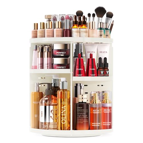 Auxmir Rotating Makeup Organizer 360 Spinning Skincare Organizer, Large Capacity Cosmetic Storage Shelf, Adjustable 9 Layers Makeup Carousel with Brush Holder for Vanity Countertop and Bathroom, White by Auxmir - Used condition - CA$18.80