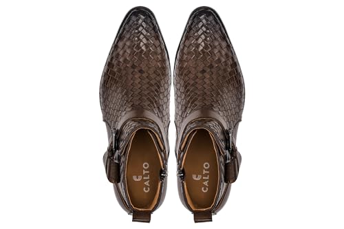 CALTO Men's Invisible Height Increasing Elevator Shoes - Coffee Brown Premium Leather Woven Ankle Buckle Zipper Boots - 3.3 Inches Taller - K30525 - Size 7.5 D(M) US4