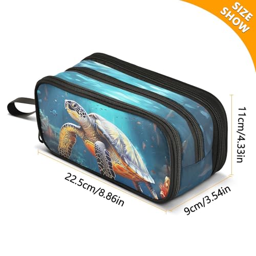 Image of ZAZYXTJ Turtle Large Capacity Pencil Case 3 Compartment Pen Pouch Storage Canvas Makeup Bag for School Office Teen Girl Boy Men Women