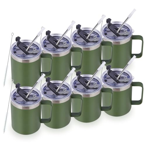 Volhoply 12oz Insulated Leakproof Coffee Mug with Flip & Straw Lid Bulk 8 Pack,Double Wall Vacuum Stainless Steel Travel Tumbler Cup with Handle,Reusable Camping Mugs Keep Cold(Army Green,8 Set) by Volhoply - Used condition - US$41.11