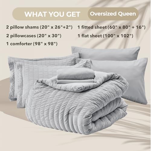 Image of HYMOKEGE Light Grey Oversized Queen Comforter Set Seersucker 7 Pieces, All Season Luxury Bed in a Bag for Bedroom, Bedding Set with Comforter, Sheets, Pillowcases & Shams