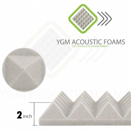 Image of YGM Acoustic Foams Pyramid Acoustic Panels 12″x12″x2″ Thick, Echo & Sound Absorption | Acoustical Sound Proof Foam for Room, Studio, Charcoal Black (Moon Grey (38 Density), Set of 36)