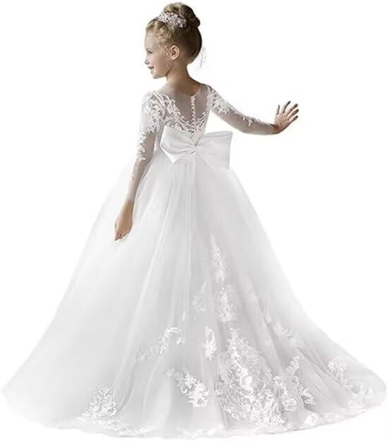 Girls Applique Long Sleeve Flower Girl Puffy Tulle Dress Holy Bow Knot Crew Neck First Communion Dress CT26