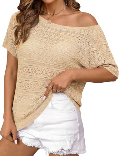 Image of Cakulo Womens Off The Shoulder Batwing Short Sleeve Crochet Tops 2026 Spring Summer Sweater Top Knit Beach Cover Up