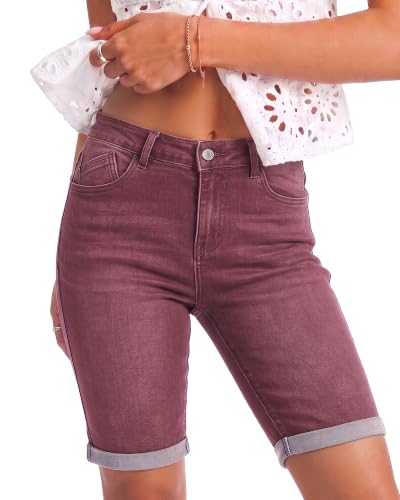 Image of luvamia Bermuda Jean Shorts Women High Rise Stretchy Cuffed Hem Denim Jorts