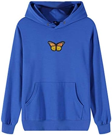 MISSACTIVER Women's Butterfly Patchwork Pocket Casual Pullover Hooded Sweatshirt (Large, Dark-Bule)
