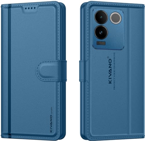 Image of KIVANO LUXE Compatible for Vivo T2 Pro 5G / IQOO Z7 Pro 5G Luxury Handmade Leather Magnetic Flip Folio Case | Card Holder & Kickstand | Slim Protective Cover | Unisex - Blue