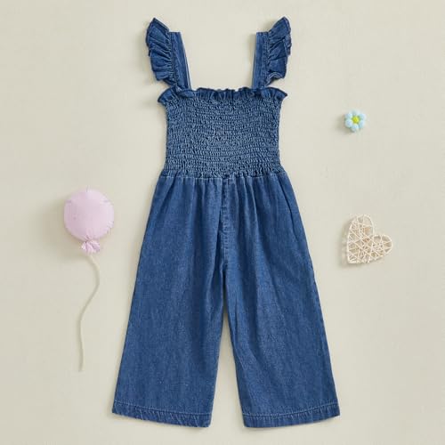 Baby Girl Denim Clothes Toddler Wide Leg Romper Sleeveless Ruffle Strap Smocked Bell Bottom Jean Overalls Jumpsuit4
